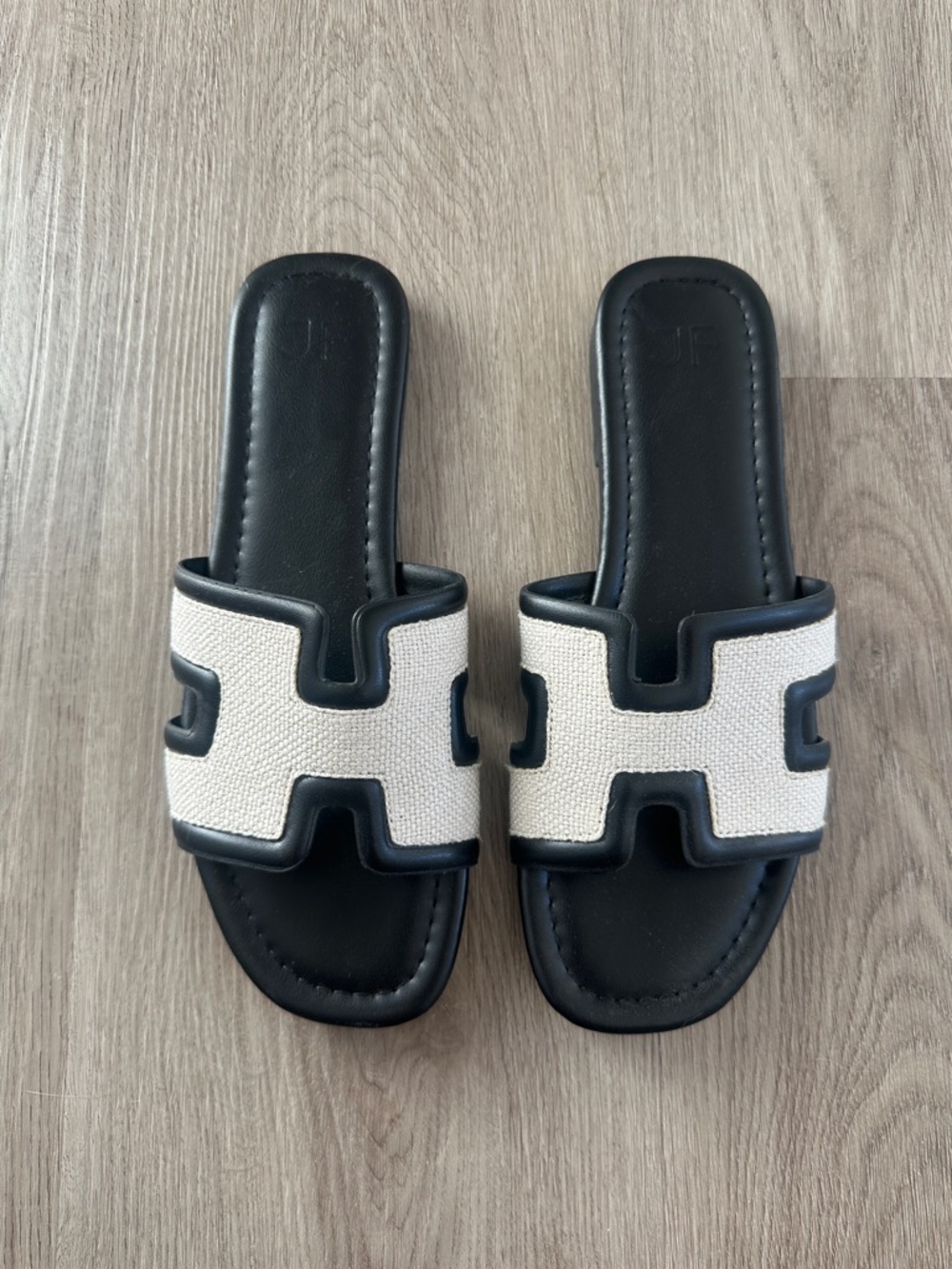 JustFab Black and Cream Slide Sandals with Woven Accent